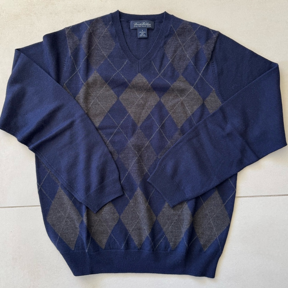 Nwot Brooks Brothers V-Neck Sweater in Navy and Gray Argyle sz S